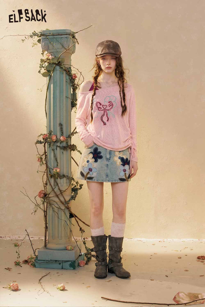 ELFSACK Long Sleeve Floral Bow Drawstring Top