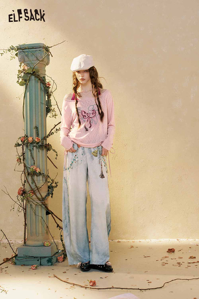 ELFSACK Long Sleeve Floral Bow Drawstring Top