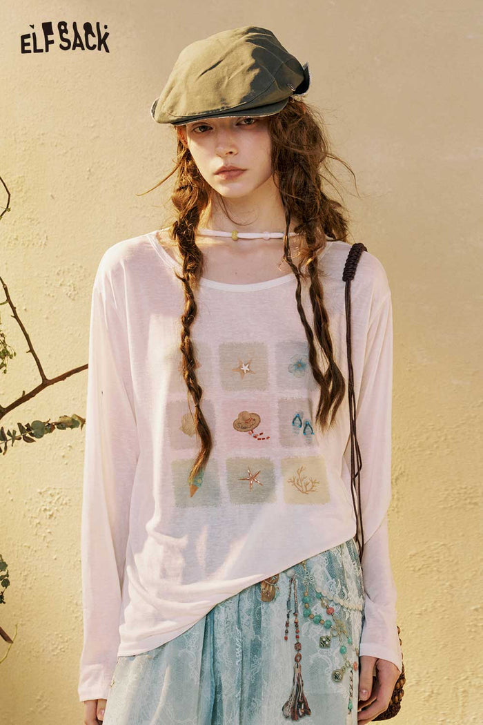 ELFSACK Long Sleeve Graphic Grid Print Tee