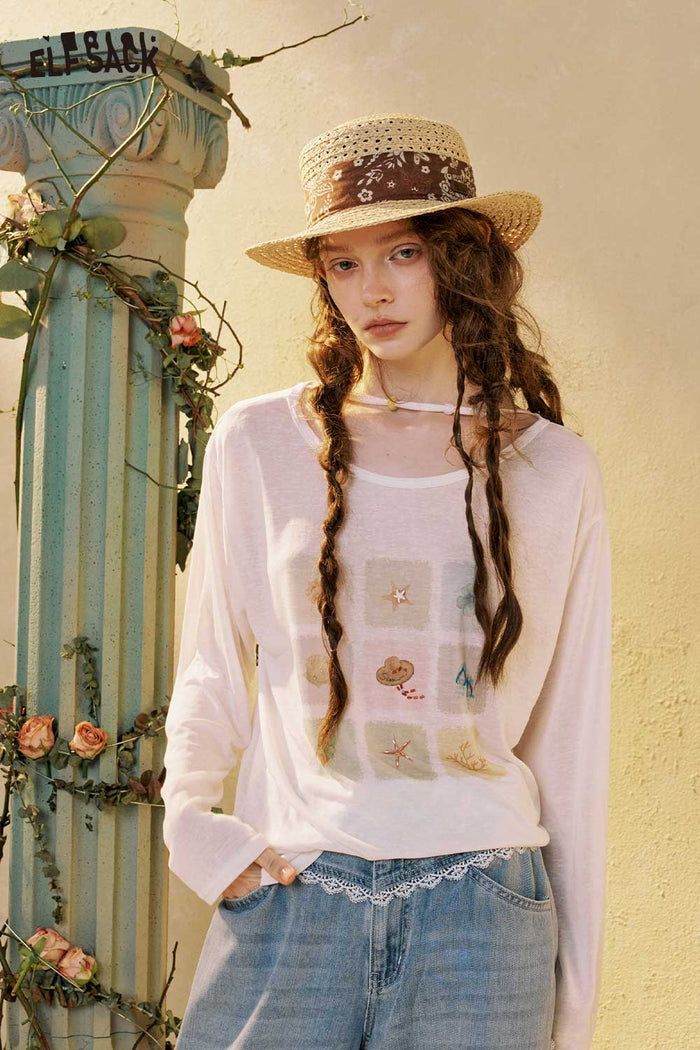 ELFSACK Long Sleeve Graphic Grid Print Tee