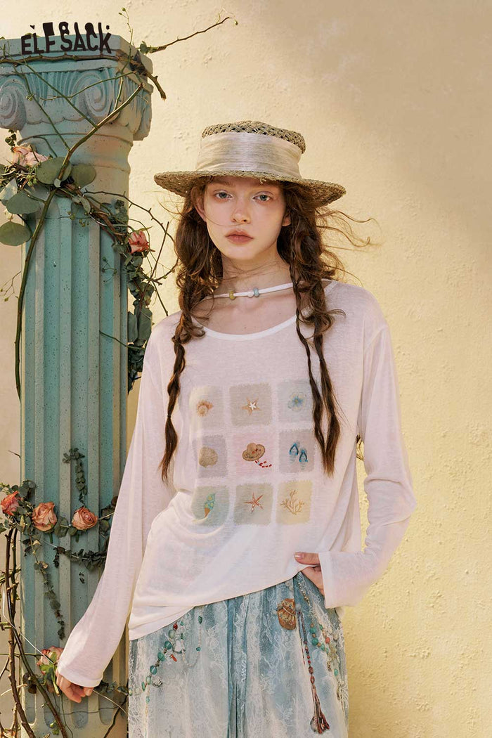 ELFSACK Long Sleeve Graphic Grid Print Tee