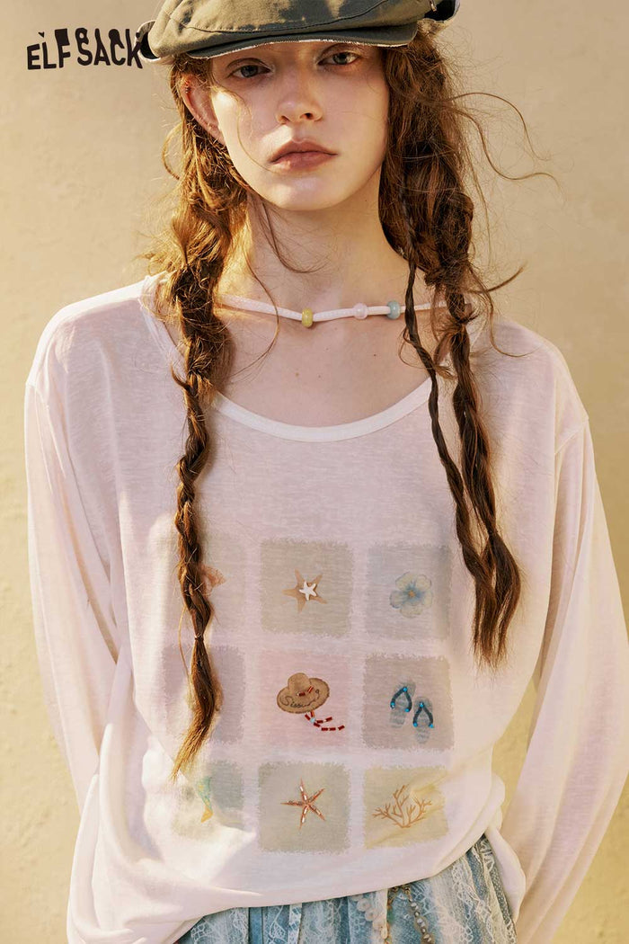 ELFSACK Long Sleeve Graphic Grid Print Tee