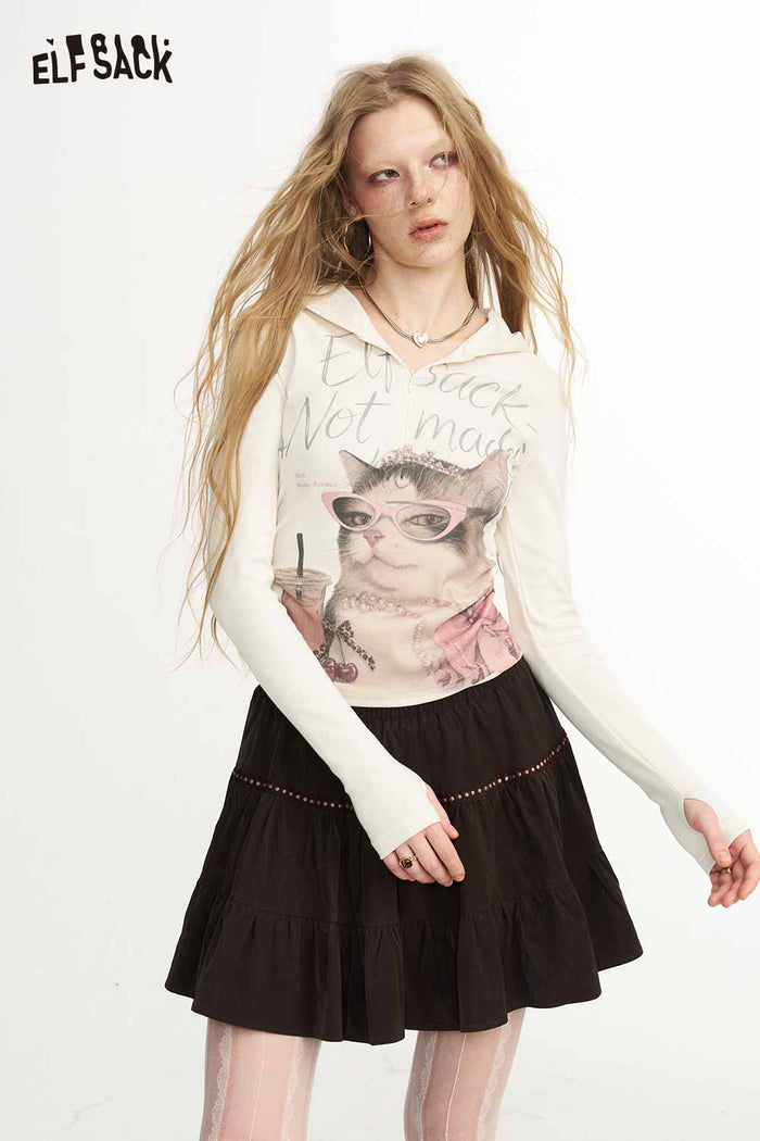 Long Sleeve Hooded Cat Print Graphic Tee