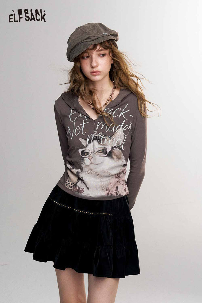 Long Sleeve Hooded Cat Print Graphic Tee