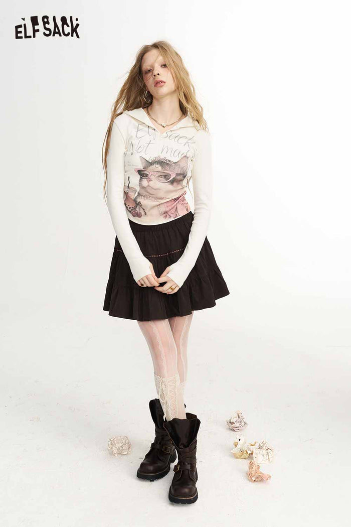 Long Sleeve Hooded Cat Print Graphic Tee