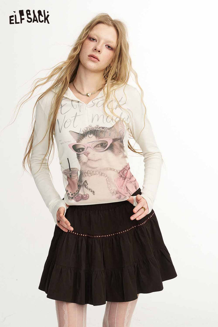 Long Sleeve Hooded Cat Print Graphic Tee