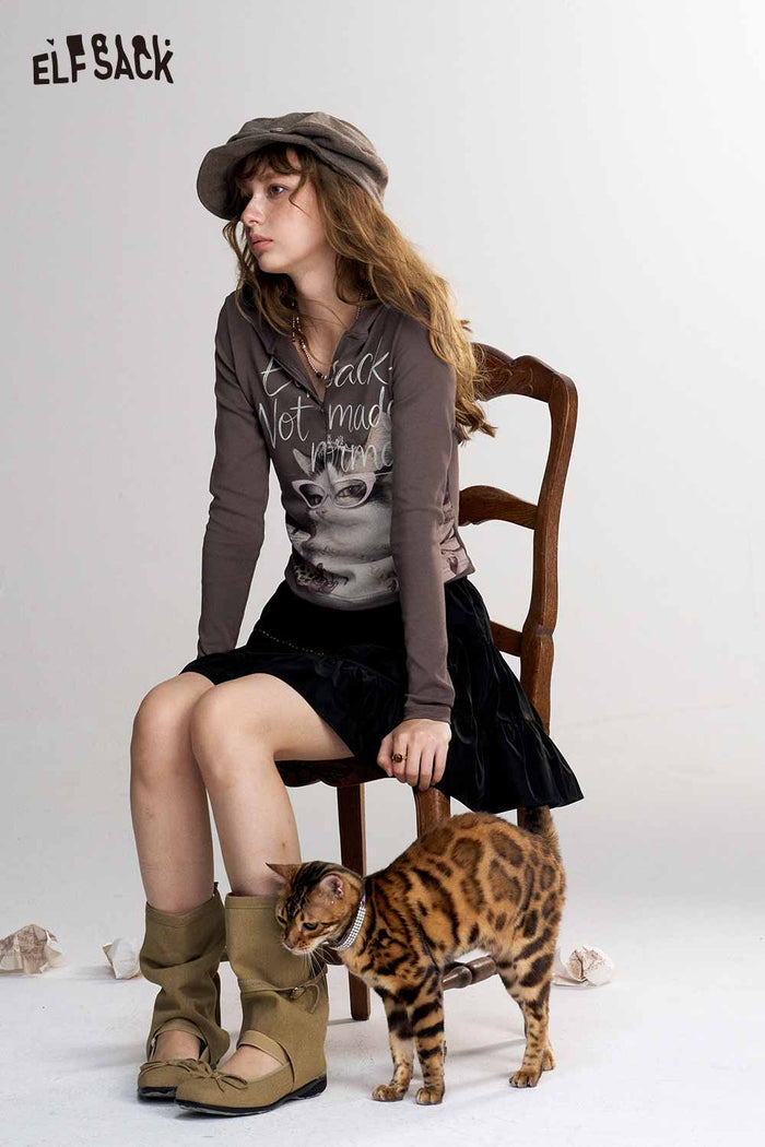 Long Sleeve Hooded Cat Print Graphic Tee