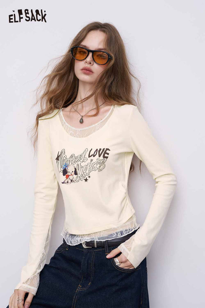 Long Sleeve Lace Trim Graphic Tee