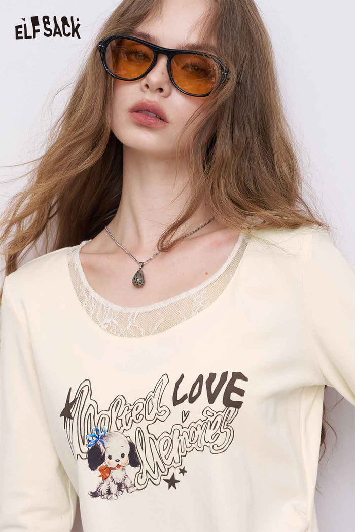 Long Sleeve Lace Trim Graphic Tee