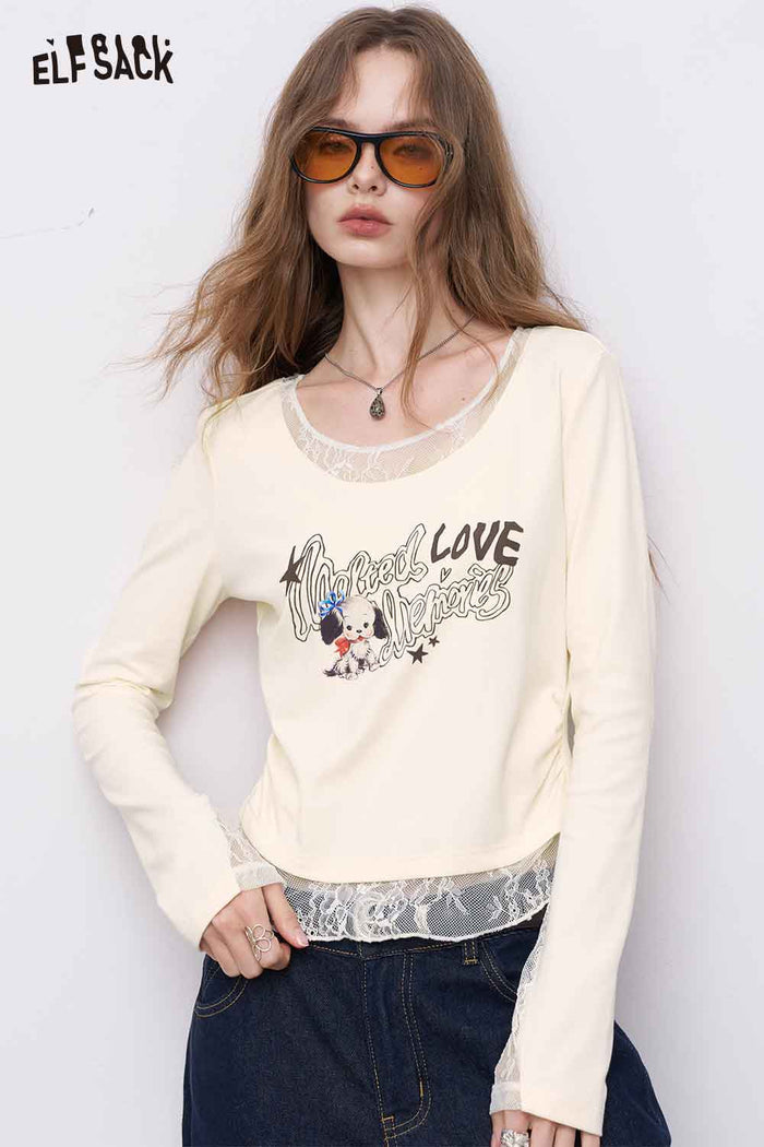 Long Sleeve Lace Trim Graphic Tee