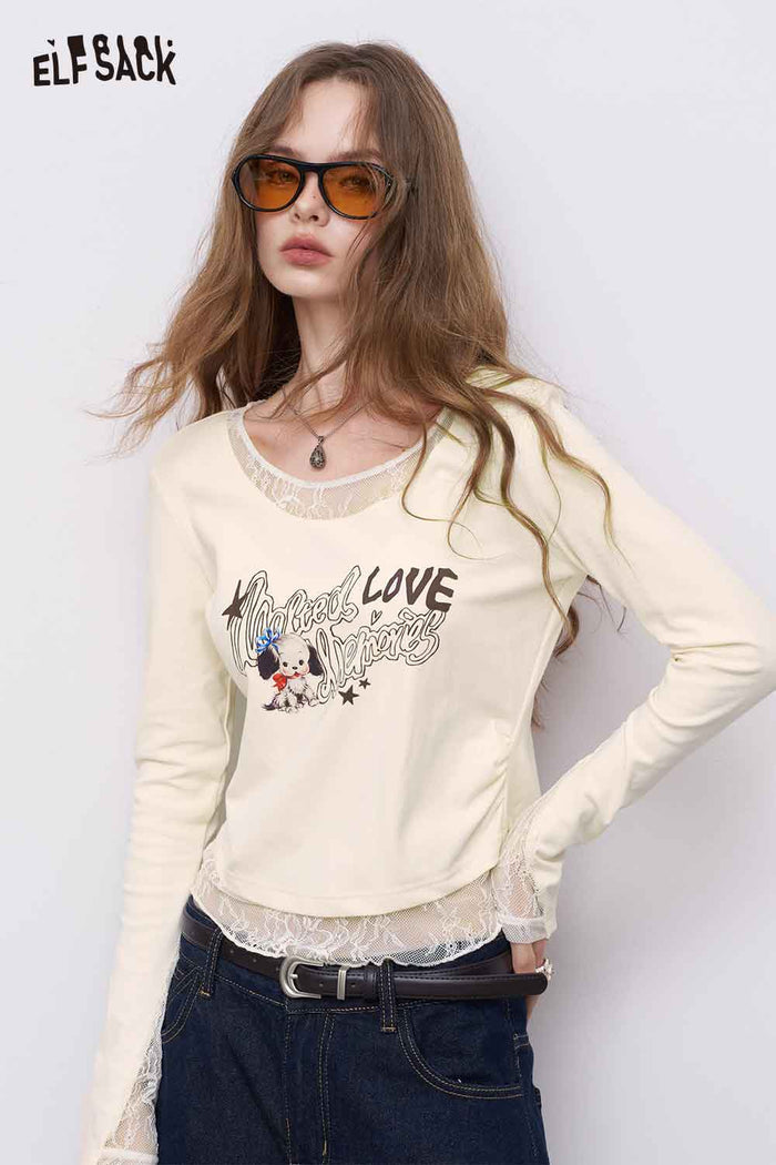 Long Sleeve Lace Trim Graphic Tee