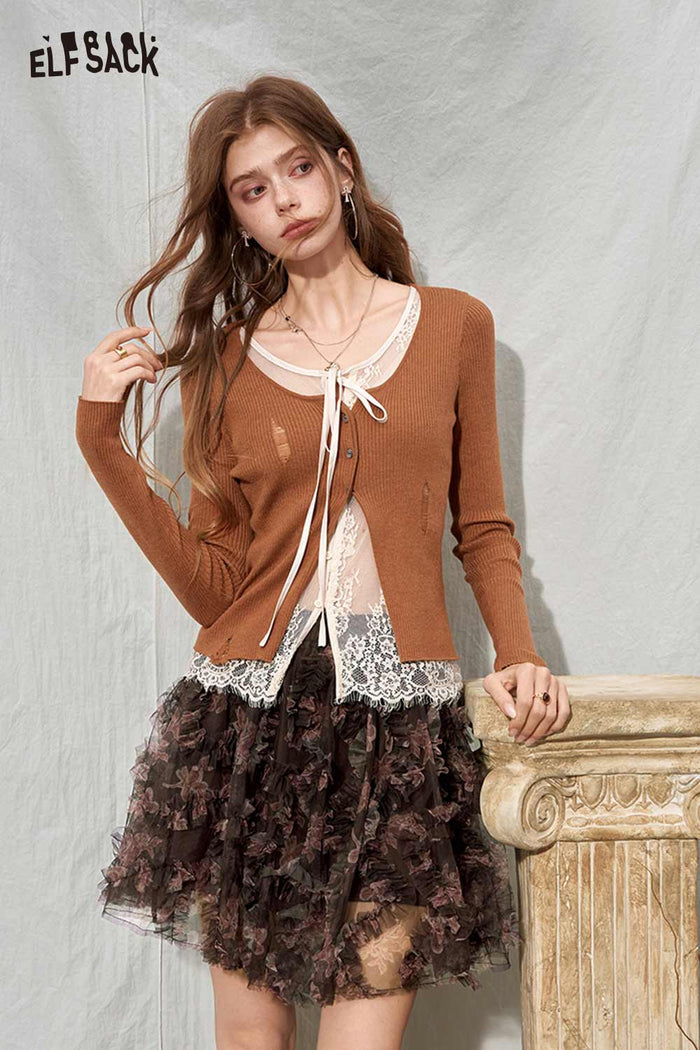 Long Sleeve Lace Trim V-Neck Tie Front Ripped Cardigan