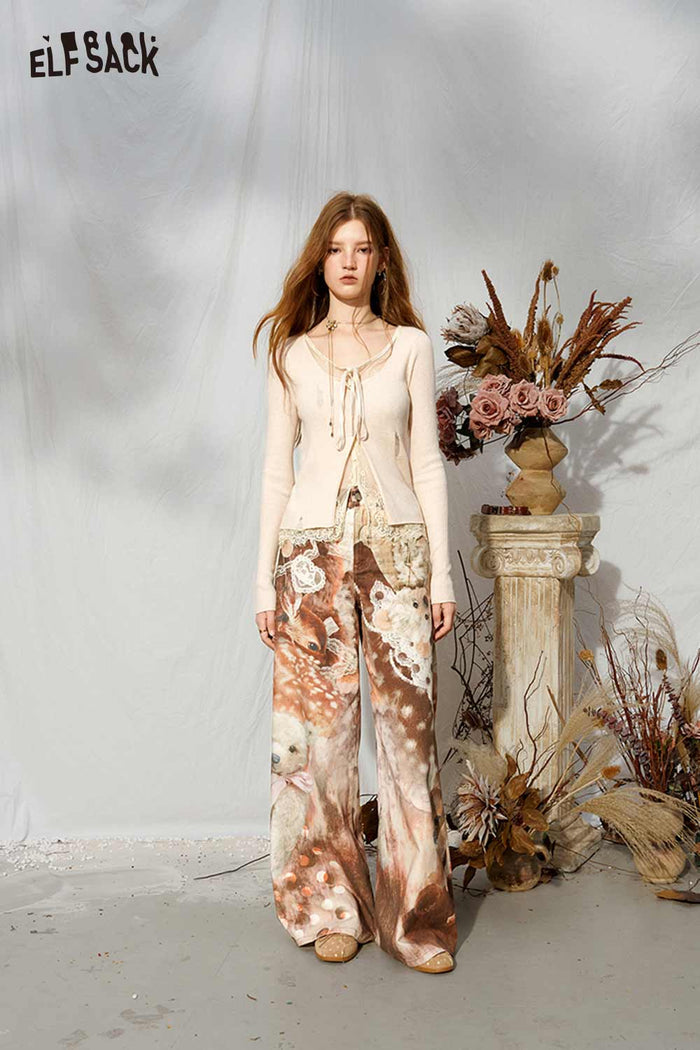 Long Sleeve Lace Trim V-Neck Tie Front Ripped Cardigan