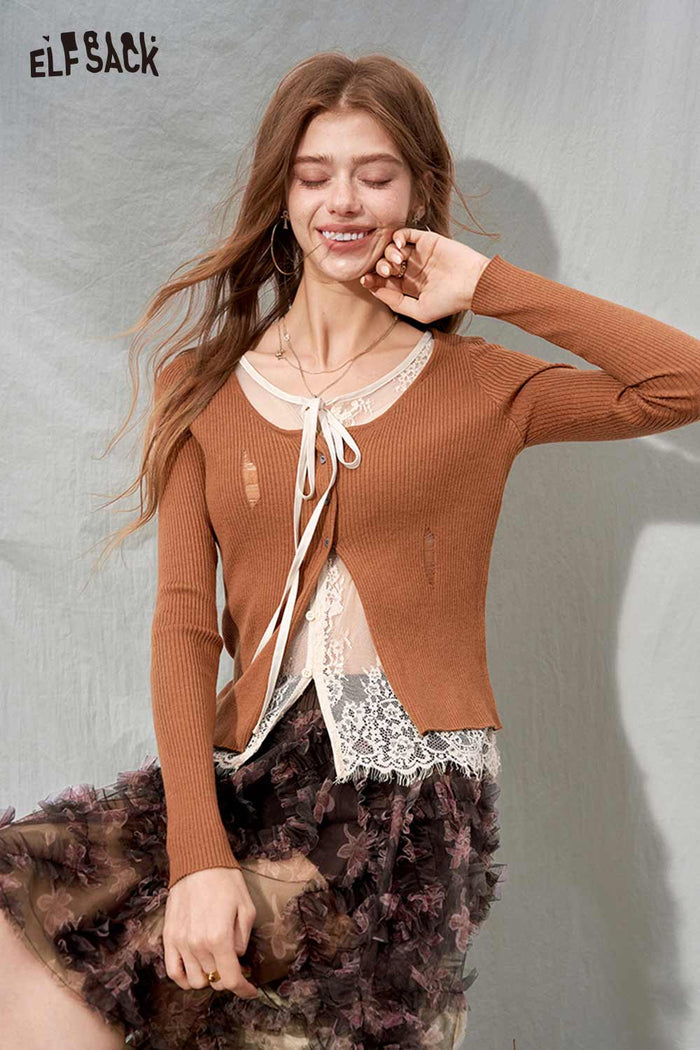 Long Sleeve Lace Trim V-Neck Tie Front Ripped Cardigan