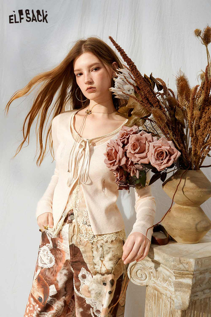 Long Sleeve Lace Trim V-Neck Tie Front Ripped Cardigan
