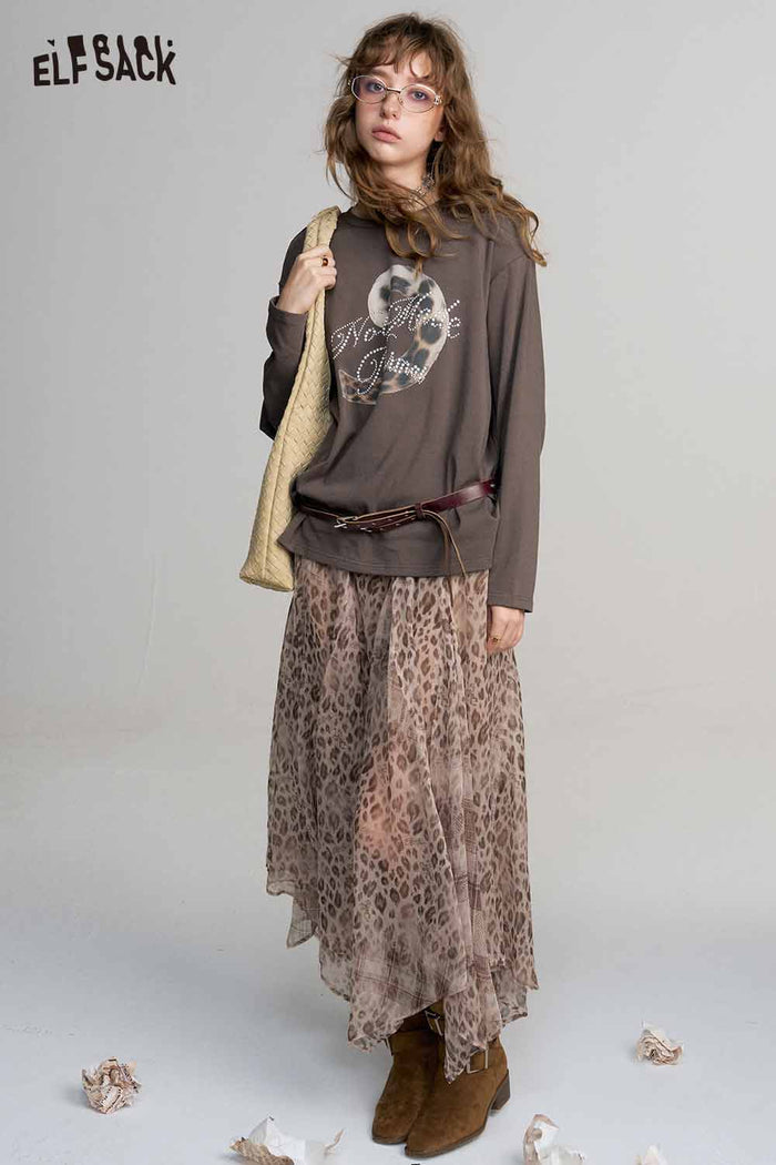 Long Sleeve Leopard Slogan Graphic Tee