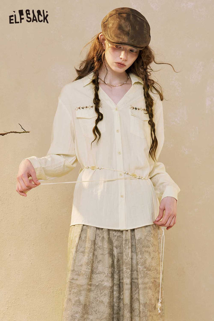 ELFSACK Long Sleeve V Neck Pocket Blouse