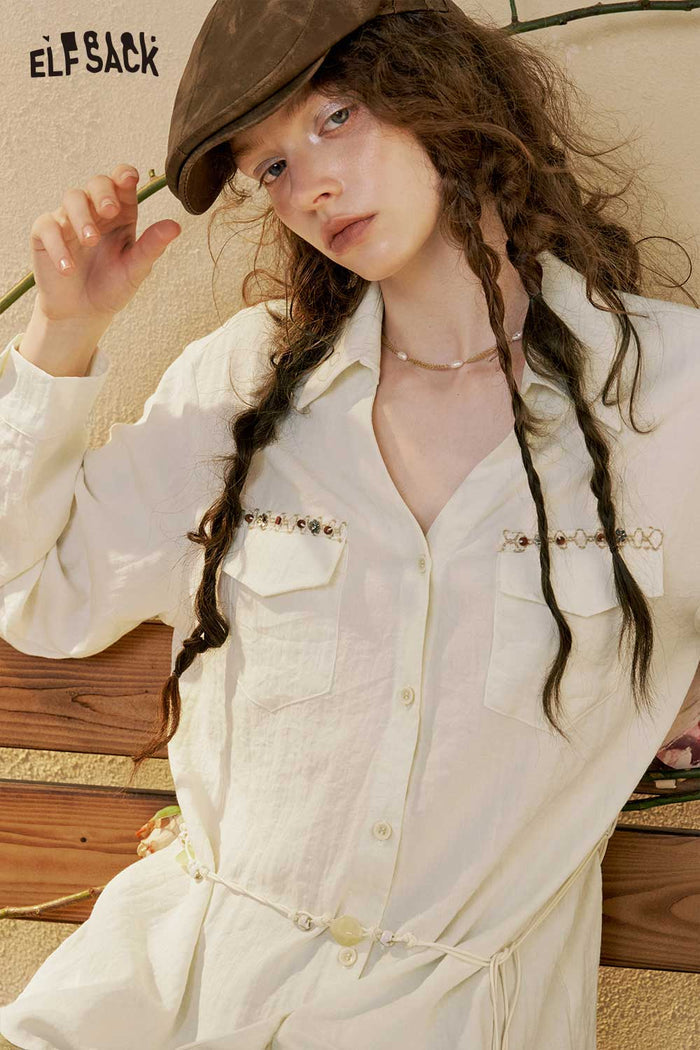 ELFSACK Long Sleeve V Neck Pocket Blouse