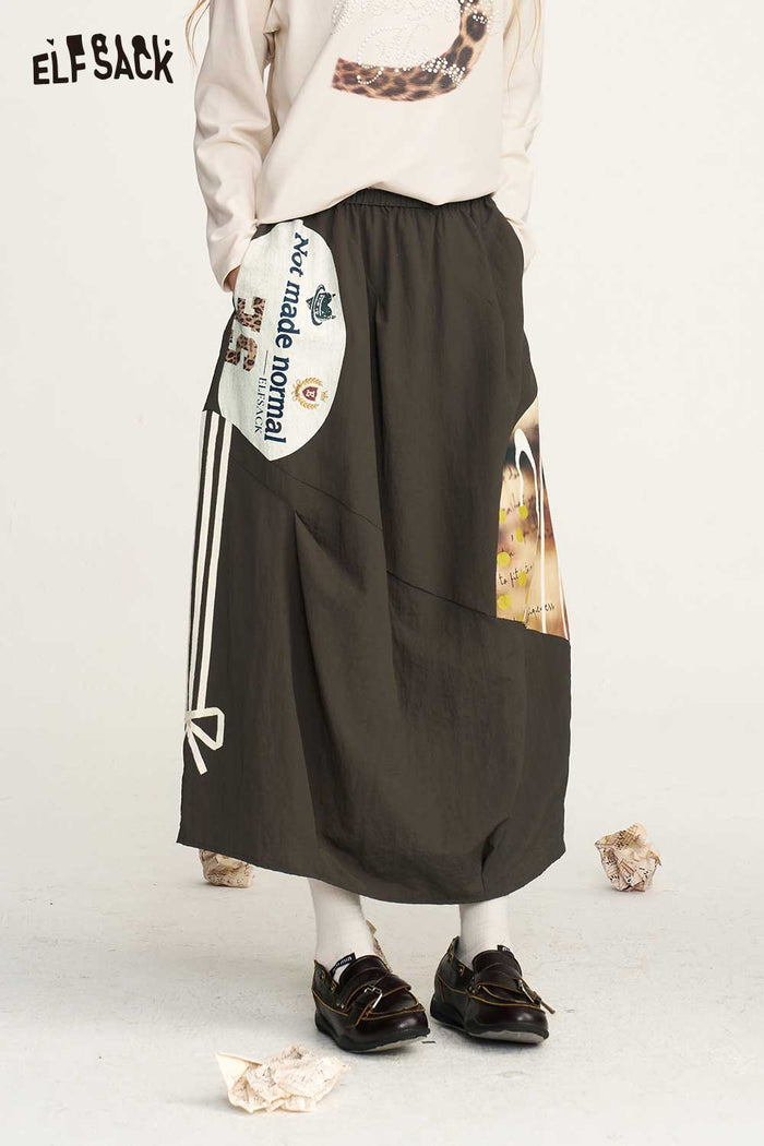 Loose Asymmetrical Patchwork Graphic Midi Skirt