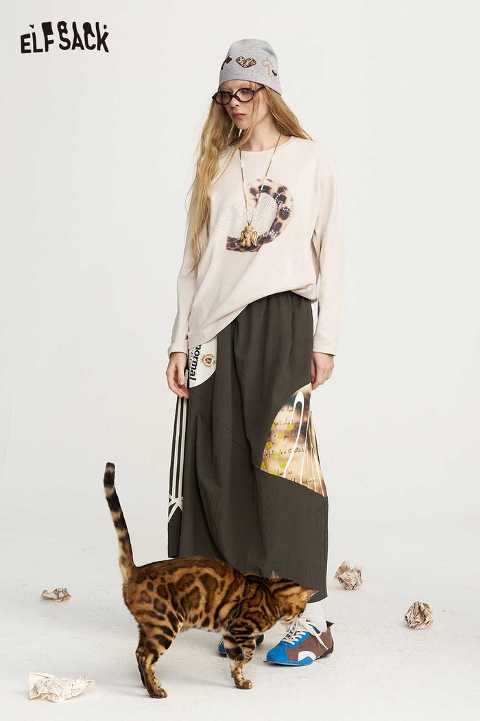 Loose Asymmetrical Patchwork Graphic Midi Skirt