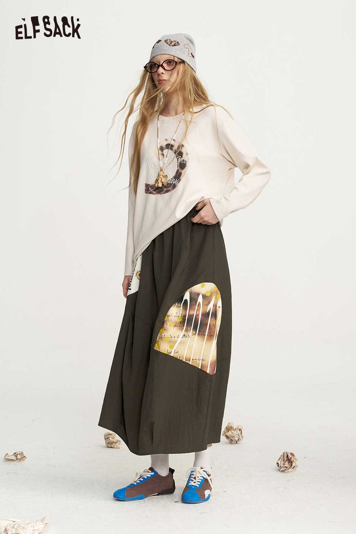 Loose Asymmetrical Patchwork Graphic Midi Skirt