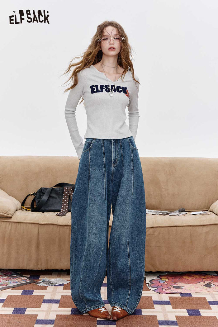 Loose Blue Denim Wide Leg Pants