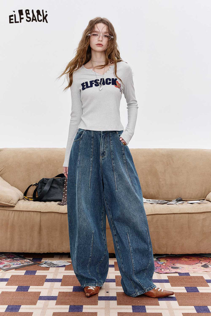 Loose Blue Denim Wide Leg Pants