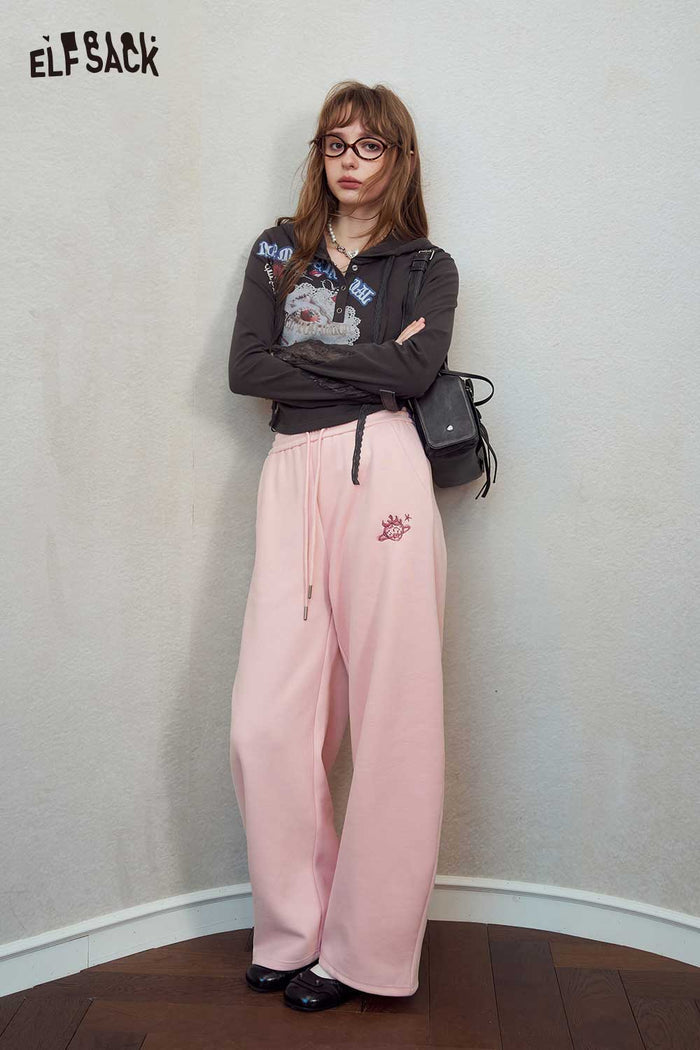 Loose Cartoon Embroidered Wide Leg Pants