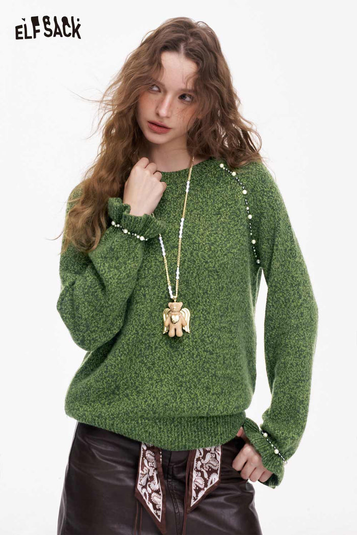 ELFSACK Loose Casual Solid 3D Pearl Embellished Round Neck Sweater