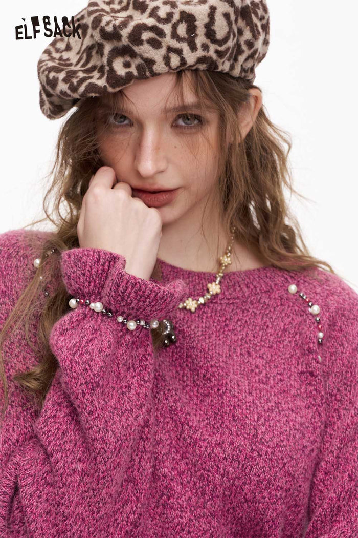 ELFSACK Loose Casual Solid 3D Pearl Embellished Round Neck Sweater