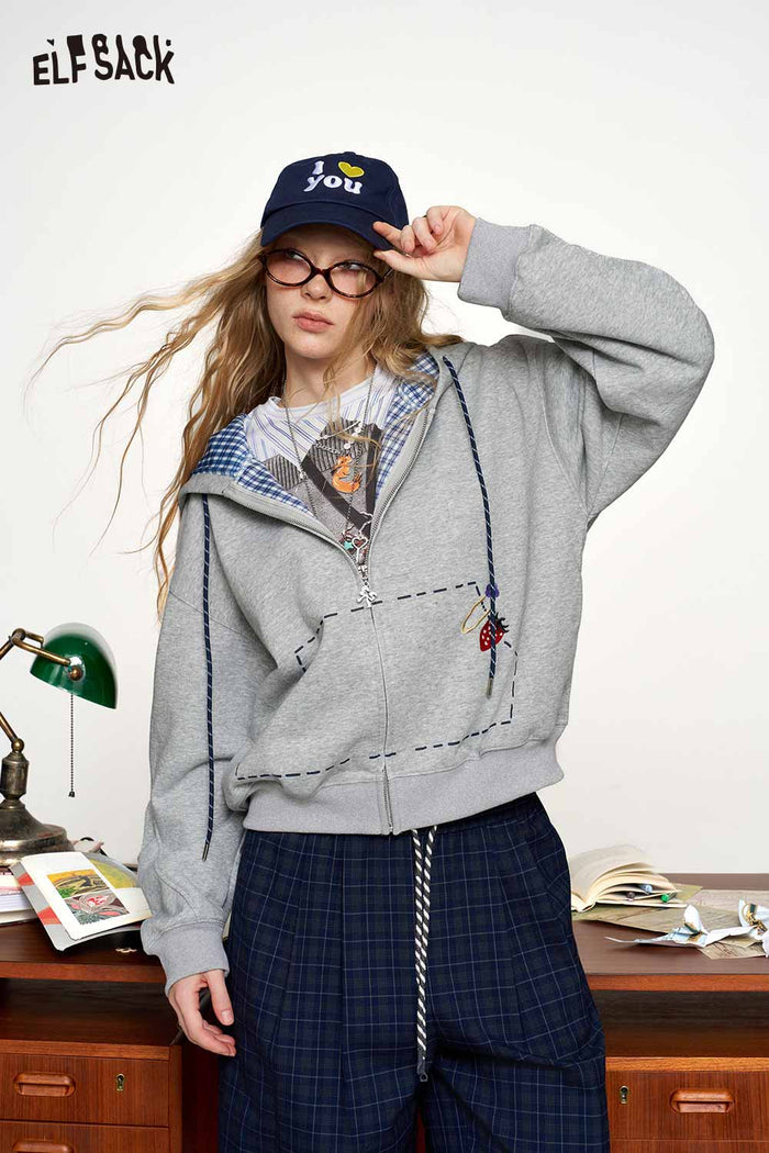 Loose Cropped Zip Up Hooded Jacket with Strawberry Embroidery