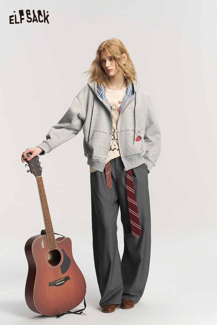 Loose Cropped Zip Up Hooded Jacket with Strawberry Embroidery