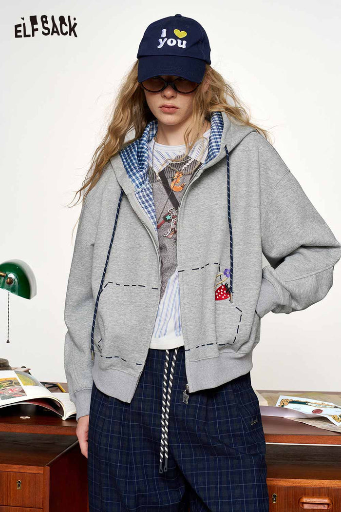 Loose Cropped Zip Up Hooded Jacket with Strawberry Embroidery