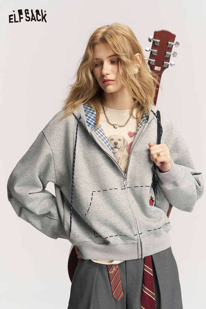 Loose Cropped Zip Up Hooded Jacket with Strawberry Embroidery