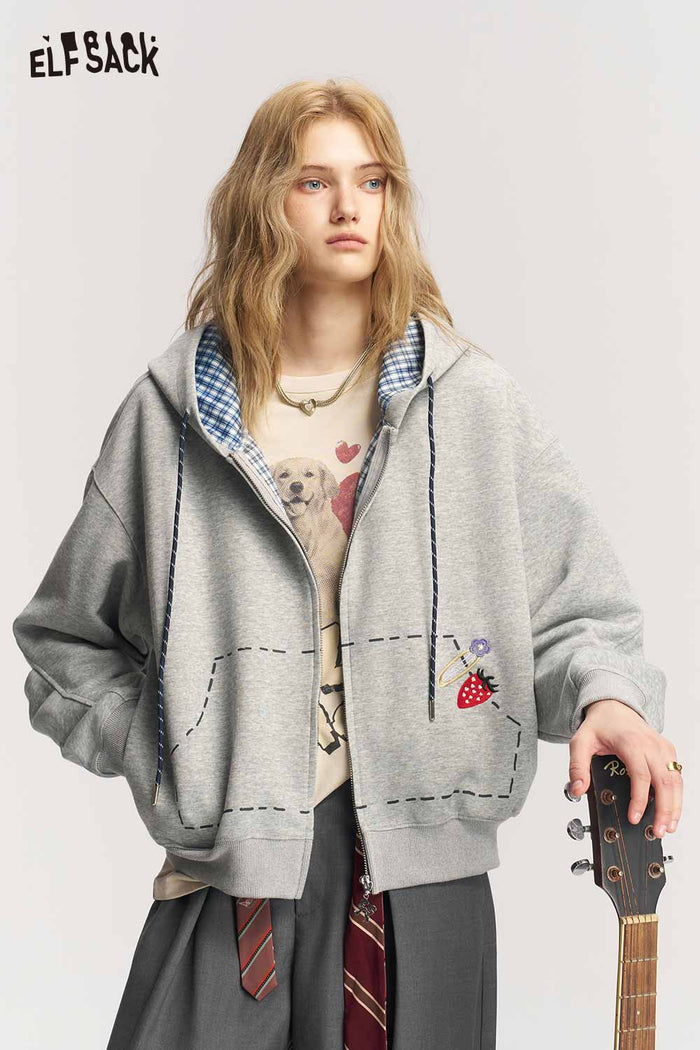Loose Cropped Zip Up Hooded Jacket with Strawberry Embroidery