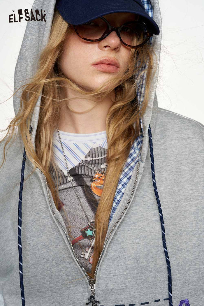 Loose Cropped Zip Up Hooded Jacket with Strawberry Embroidery
