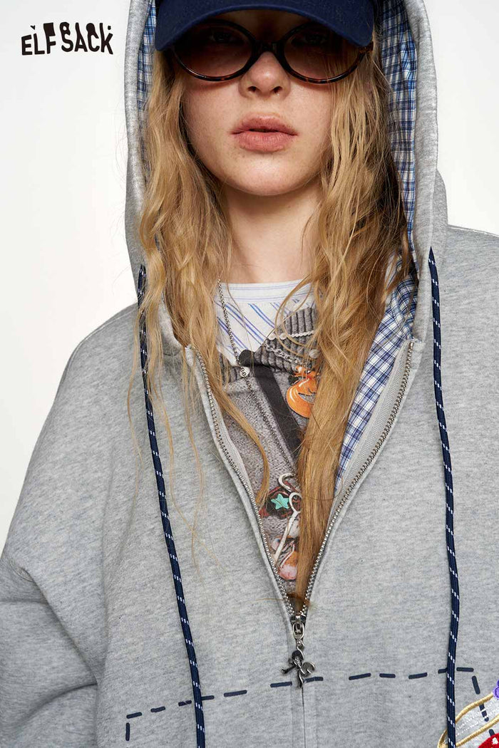 Loose Cropped Zip Up Hooded Jacket with Strawberry Embroidery