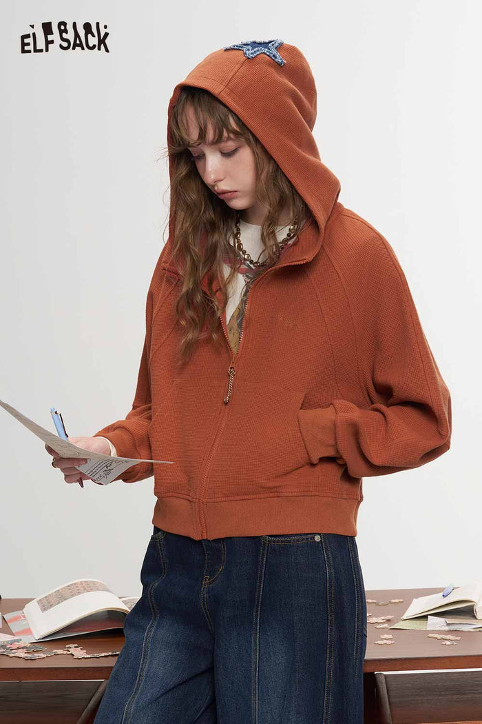 Loose Drop Shoulder Crop Hooded Jacket Fox Embroidery Star Patch