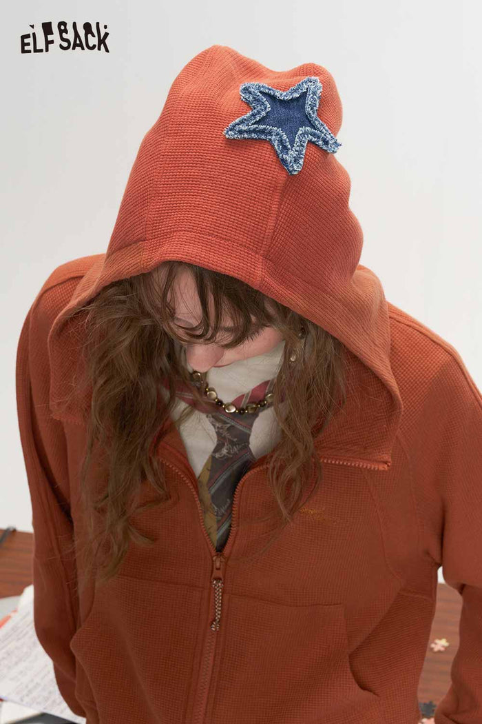 Loose Drop Shoulder Crop Hooded Jacket Fox Embroidery Star Patch
