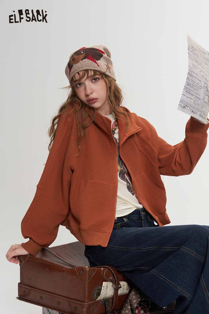 Loose Drop Shoulder Crop Hooded Jacket Fox Embroidery Star Patch