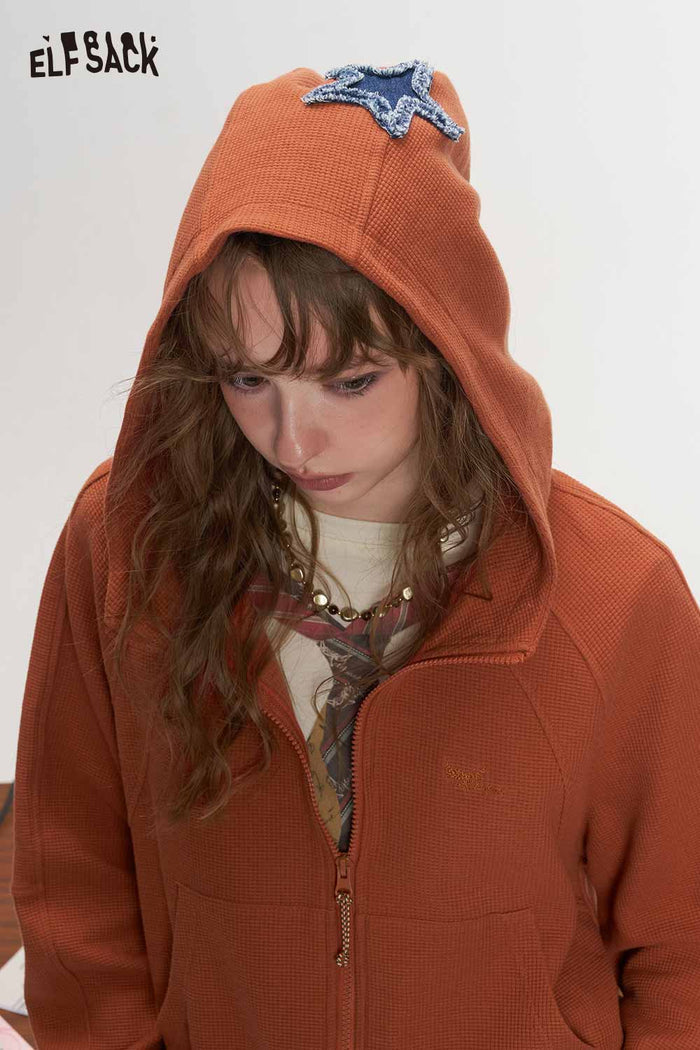 Loose Drop Shoulder Crop Hooded Jacket Fox Embroidery Star Patch