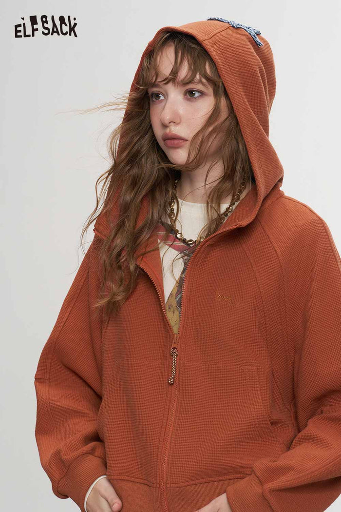 Loose Drop Shoulder Crop Hooded Jacket Fox Embroidery Star Patch