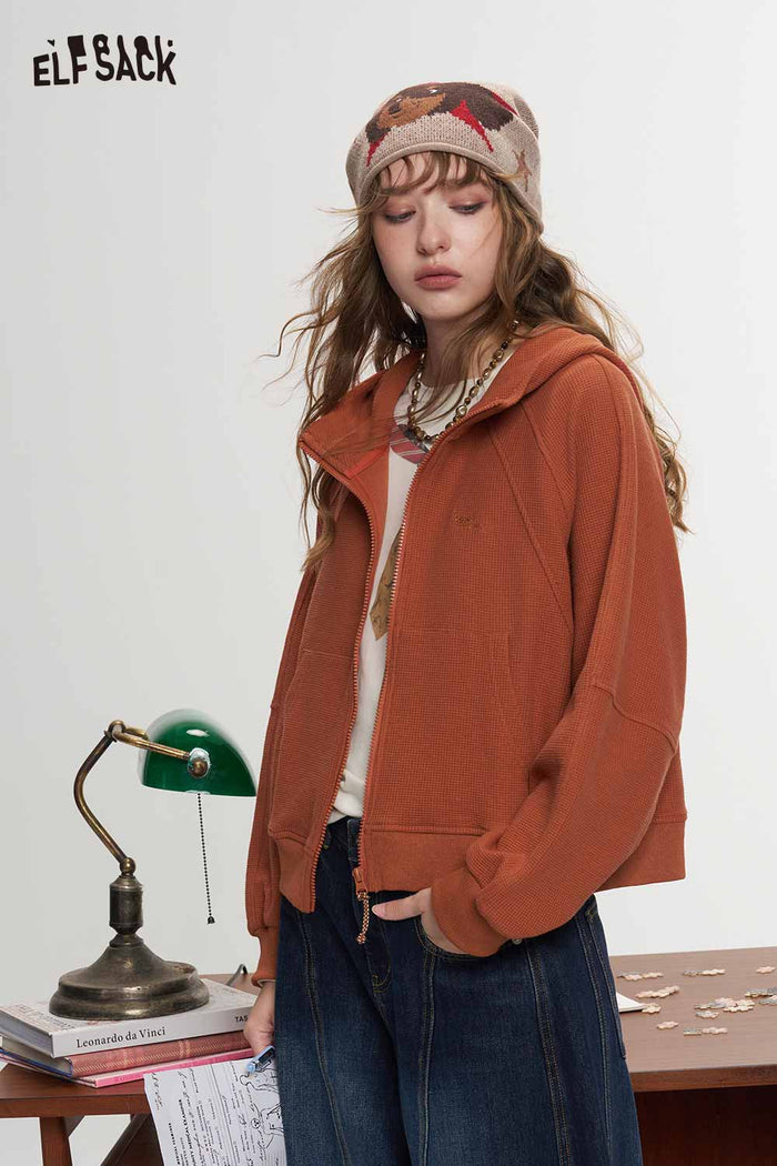 Loose Drop Shoulder Crop Hooded Jacket Fox Embroidery Star Patch