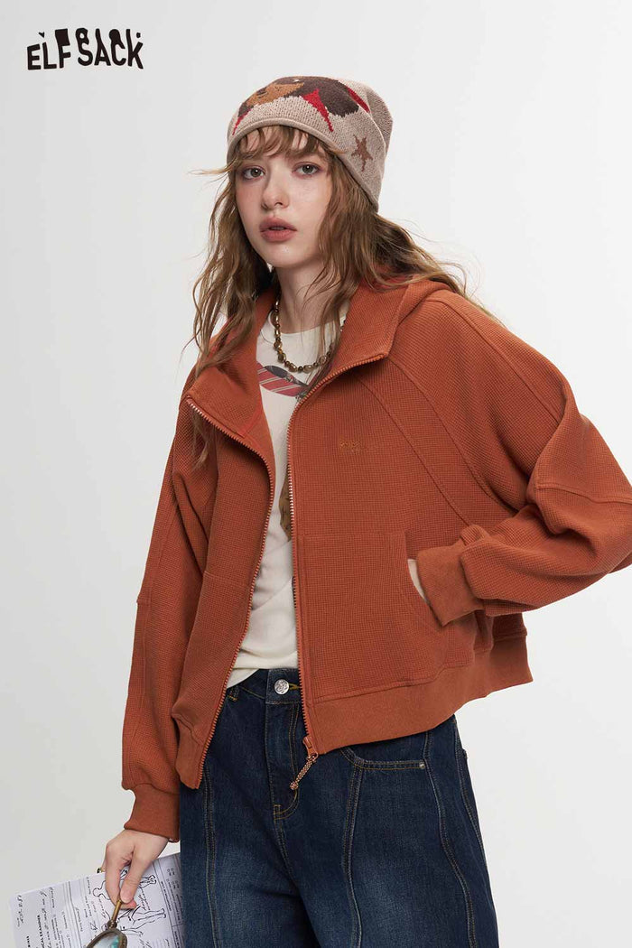 Loose Drop Shoulder Crop Hooded Jacket Fox Embroidery Star Patch