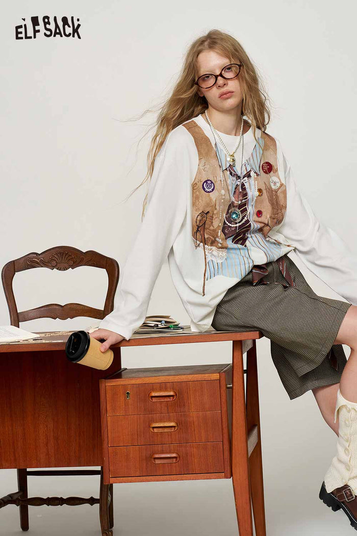 Loose Fake Layered Graphic Long Sleeve T Shirt