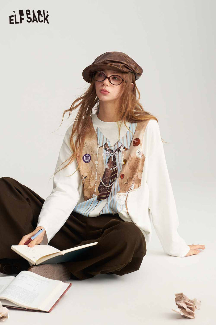 Loose Fake Layered Graphic Long Sleeve T Shirt