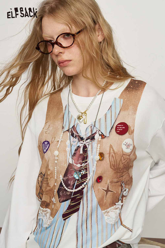 Loose Fake Layered Graphic Long Sleeve T Shirt
