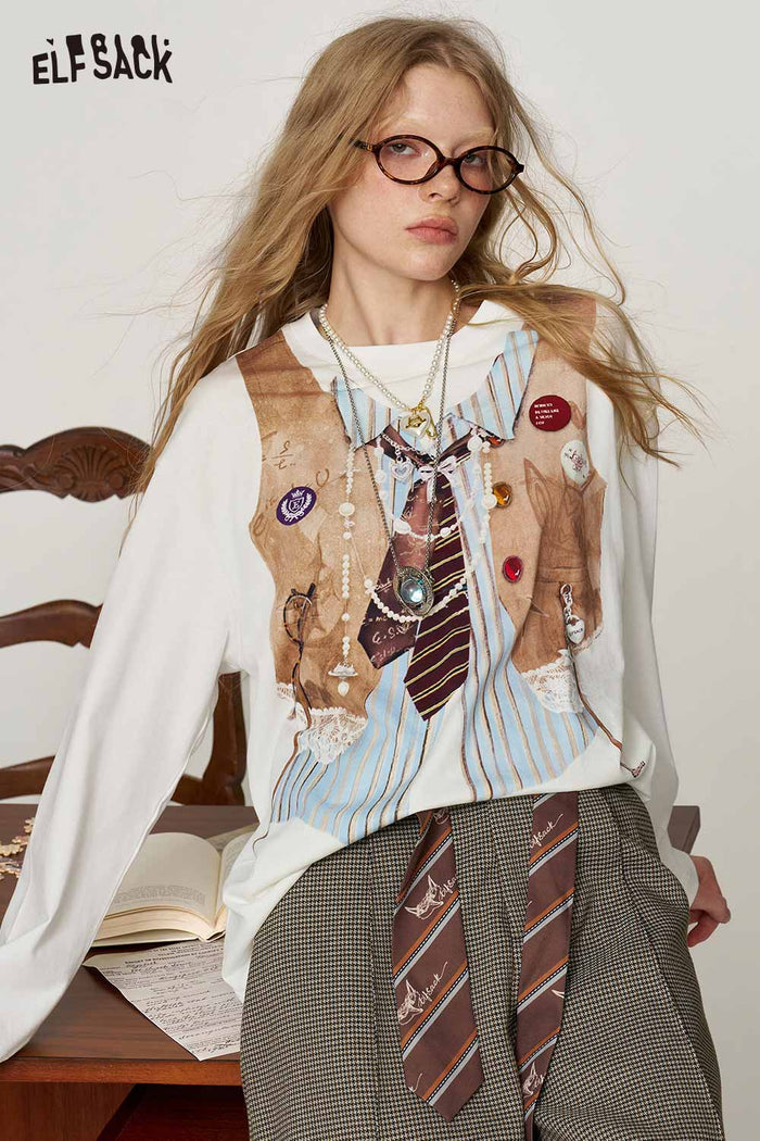 Loose Fake Layered Graphic Long Sleeve T Shirt