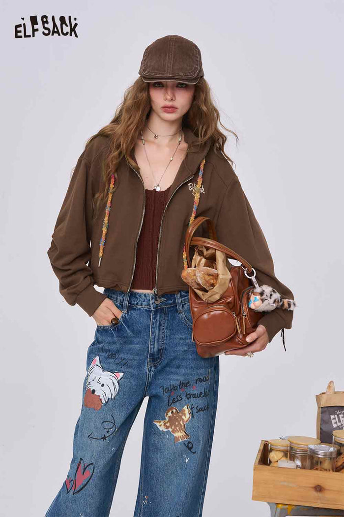 ELFSACK Loose-Fit Embroidered Cropped Hoodie