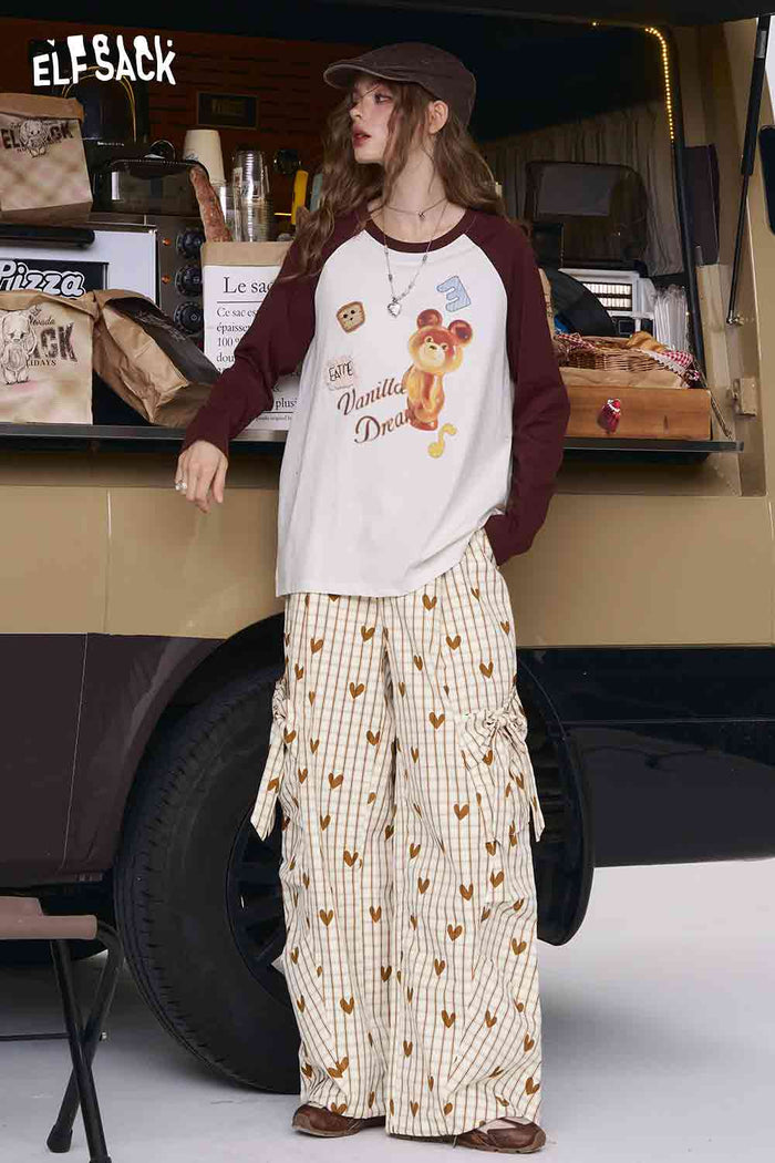 ELFSACK Loose-Fit Heart Plaid Wide-Leg Pants